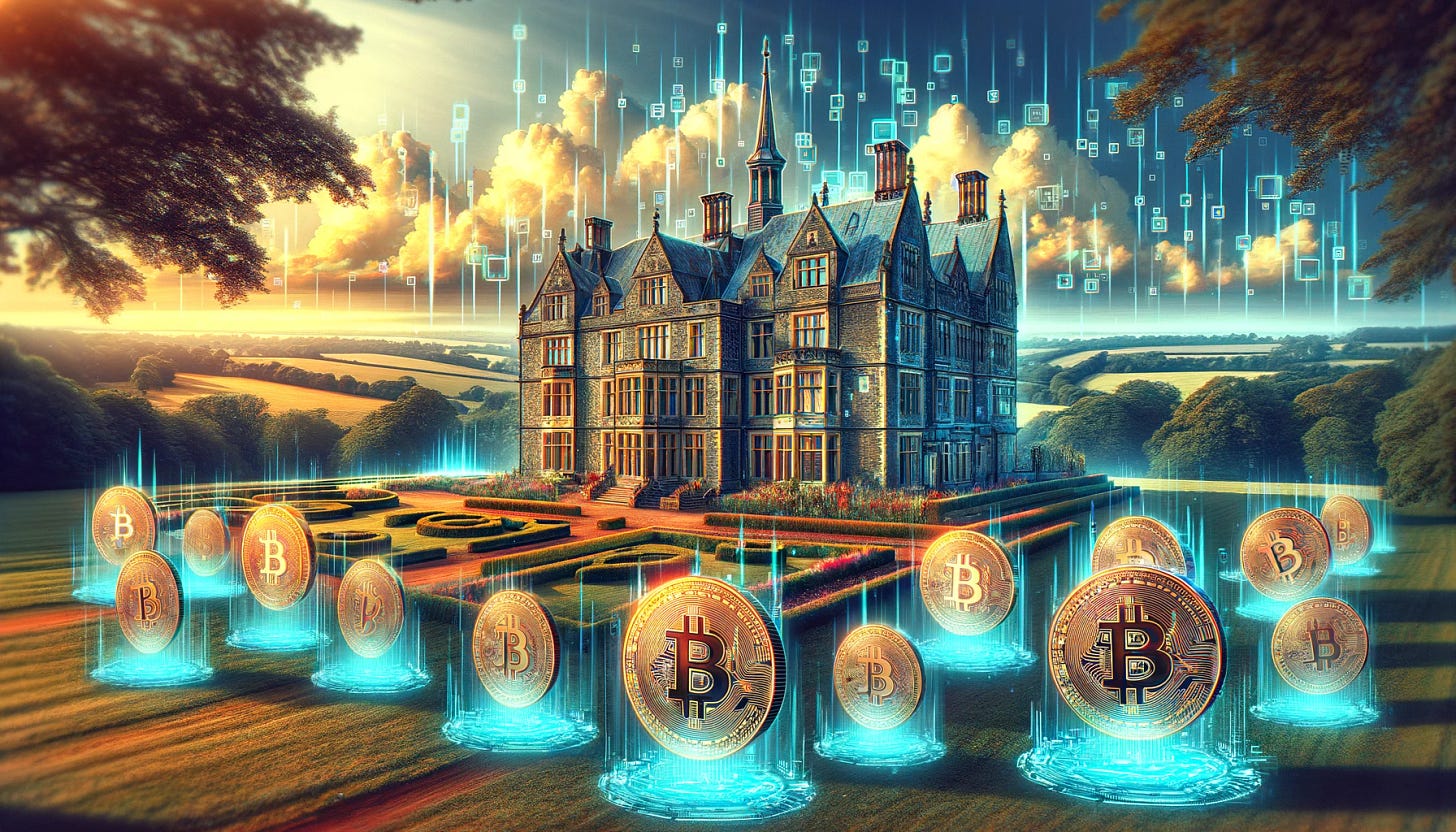 The image portrays a majestic, historic estate, such as a grand castle or manor, set against a pristine, natural landscape. In the foreground, a series of glowing, digital tokens float towards the property, symbolizing the purchase of real estate. Each token is intricately designed, with symbols and numbers that hint at their cryptocurrency nature. The sky above is a dynamic blend of the digital and the real, with pixelated clouds merging into a clear blue, representing the merging of traditional assets with the digital world. The overall atmosphere is one of elegance and innovation, with a color scheme that combines the earthy tones of the estate with the vibrant hues of digital currency.