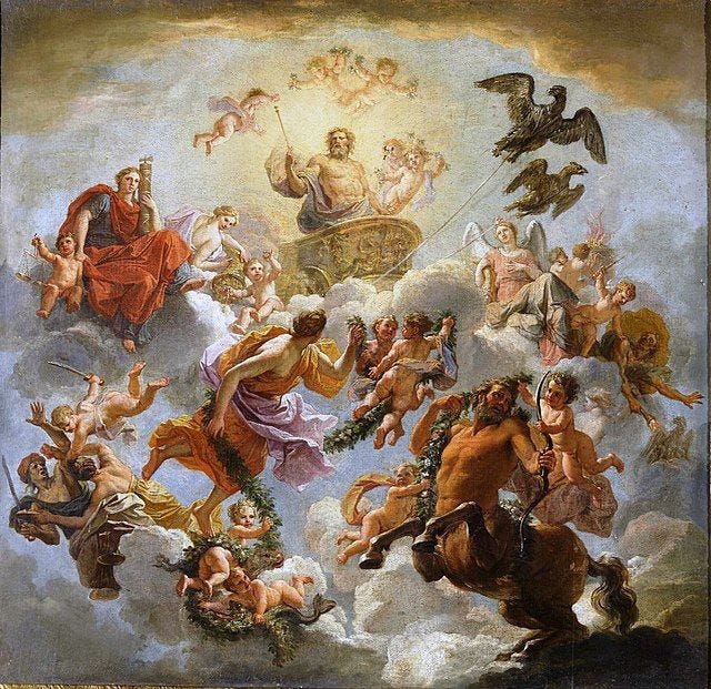This may contain: an ornate painting with angels and other figures in the sky above it is a man riding a horse