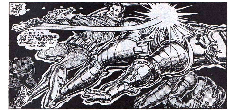 A panel from this issue showing Star-Lord fighting some armored goons. He hits one of the goons, using a rifle like a bat. Star-Lord thinks, “I may heal fast — but I’m not invulnerable. And my personal shields only go so far.”
