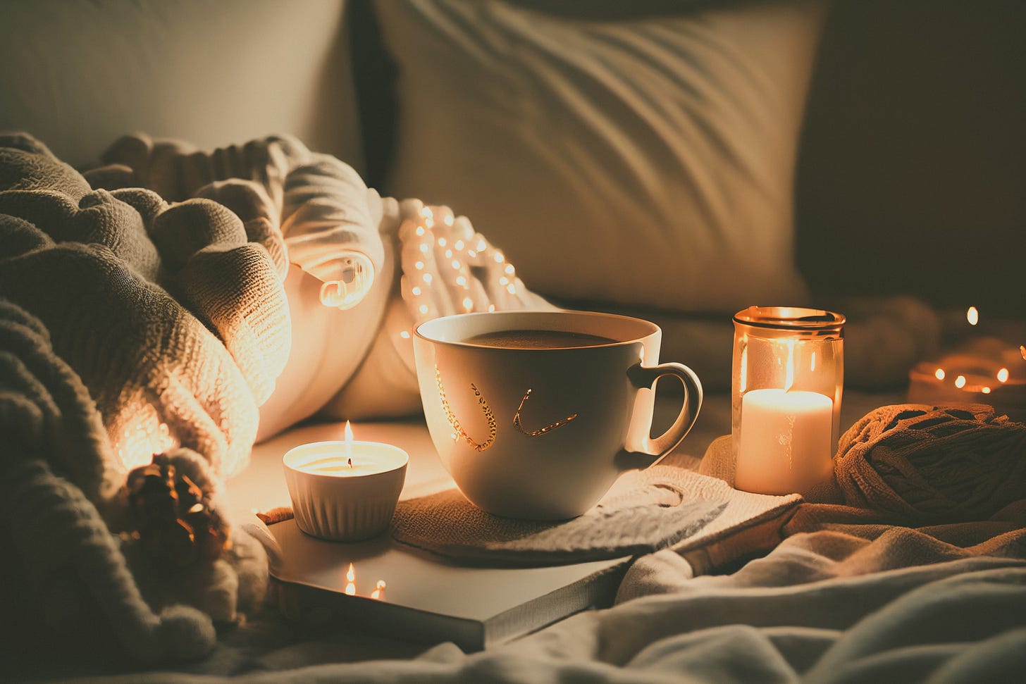 Close up of a couch with white pillows. The light is low and cozy; there’s a cup of coffee, a blanket, two candles and fairy lights in the background.