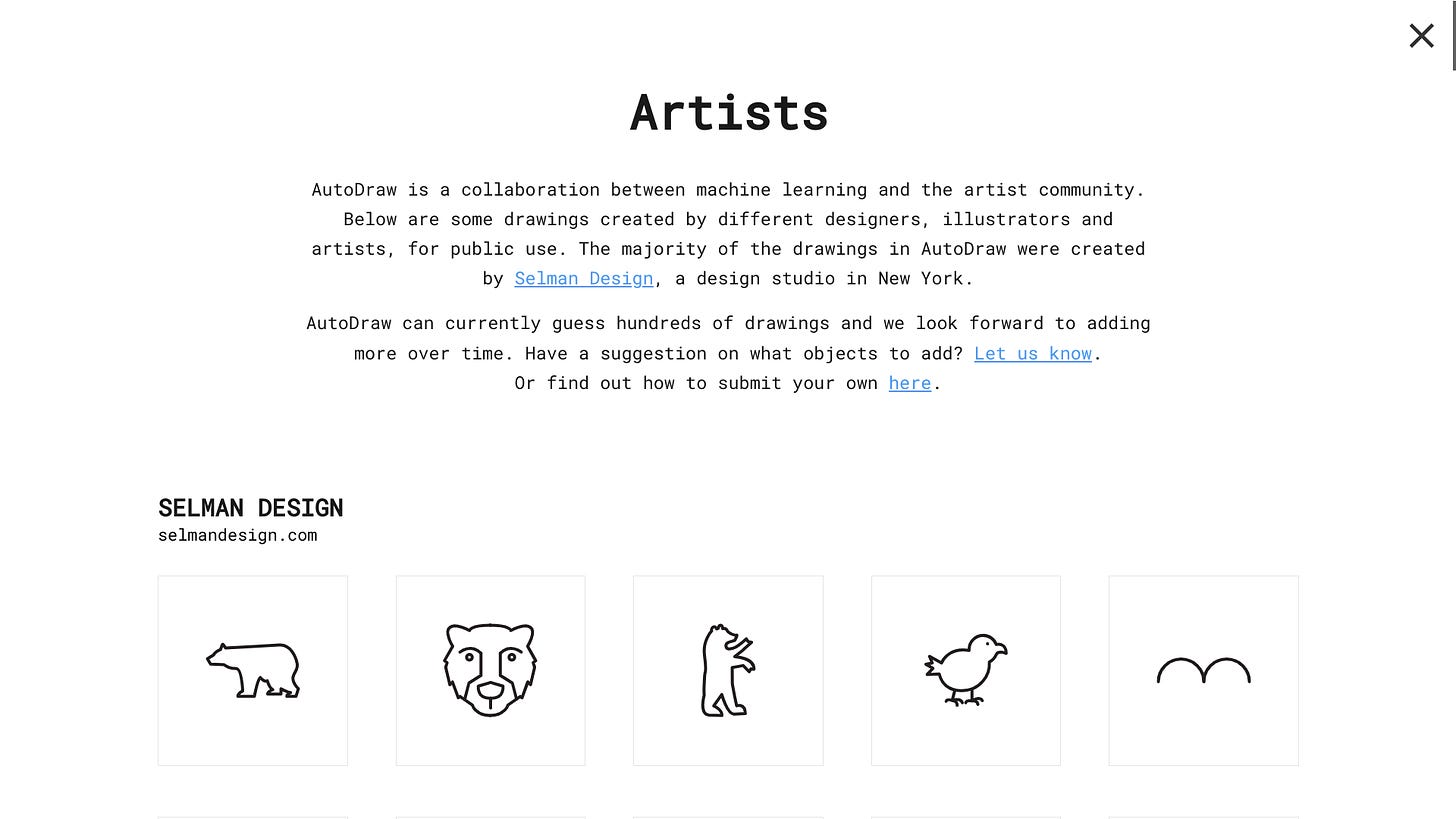 The text at the top of the AutoDraw data set reads, "Artists AutoDraw is a collaboration between machine learning and the artist community. Below are some drawings created by different designers, illustrators and artists, for public use. The majority of the drawings in AutoDraw were created by Selman Design, a design studio in New York. AutoDraw can currently guess hundreds of drawings and we look forward to adding more over time. Have a suggestion on what objects to add? Let us know. Or find out how to submit your own here."