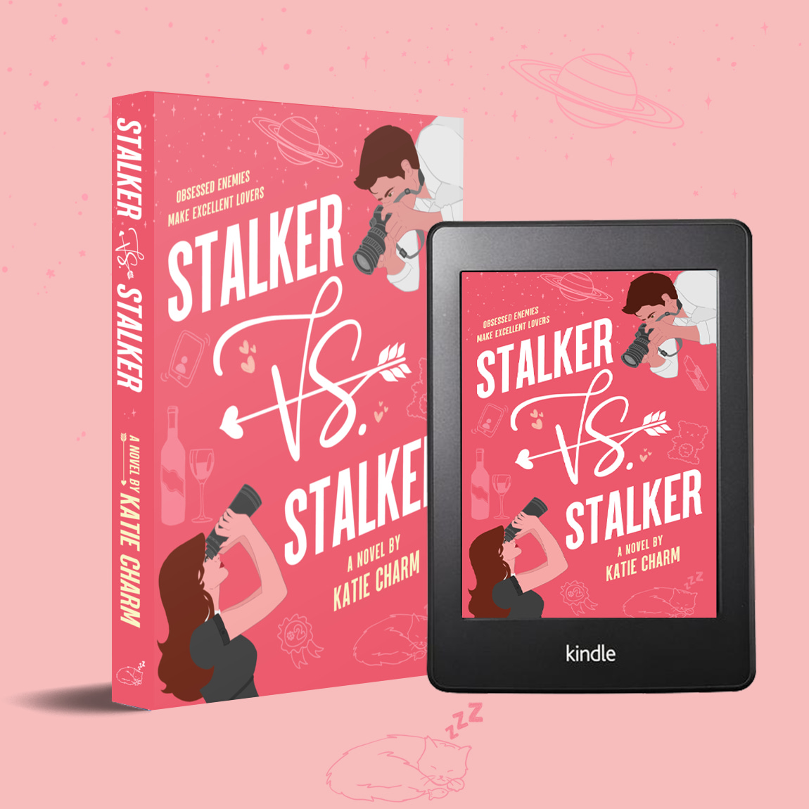 The "Stalker vs. Stalker" paperback pictured beside the ebook edition on a tablet
