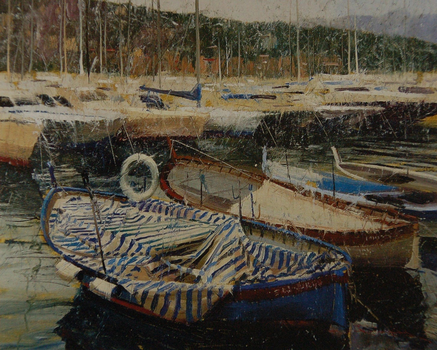 A painting of boats in a harbor

Description automatically generated