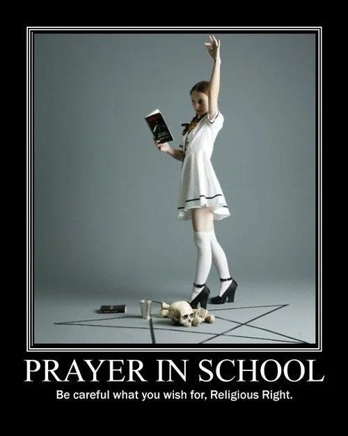 Image of youth standing over a skull and pentagram captioned "Prayer in School: Be careful what you wish for, religious right"