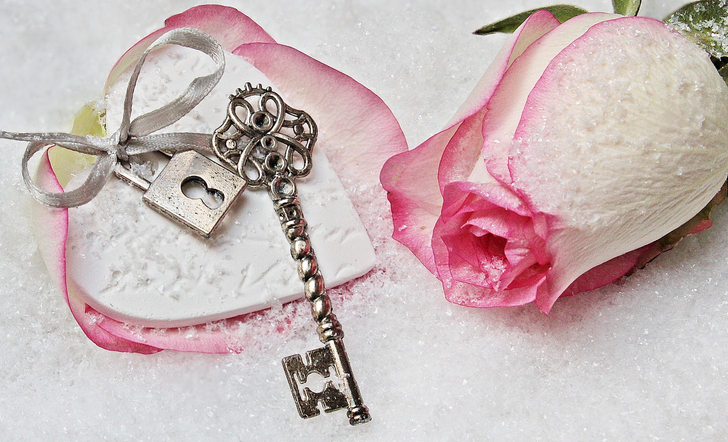 silver antique key with silver lock and white rose with pink tips on the petals