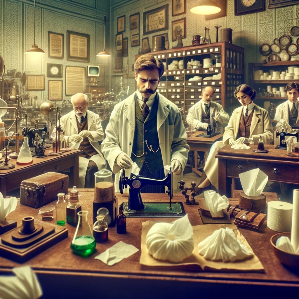 A 1920s style laboratory scene where scientists, clad in period-appropriate attire, are experimenting with different materials that would lead to the invention of Kleenex. The setting is an early 20th-century lab, complete with vintage equipment and a mood of innovation and discovery.