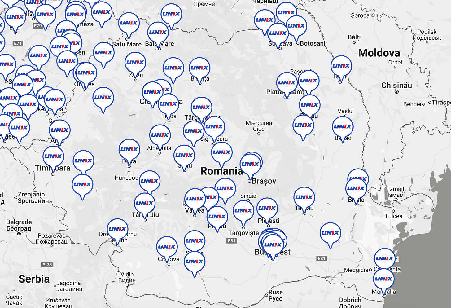 Unix Auto Romania Warehouse Distribution Map