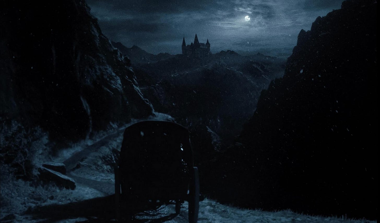 Image of distant, ominous castle from the 2024 film, Nosferatu / Universal Pictures