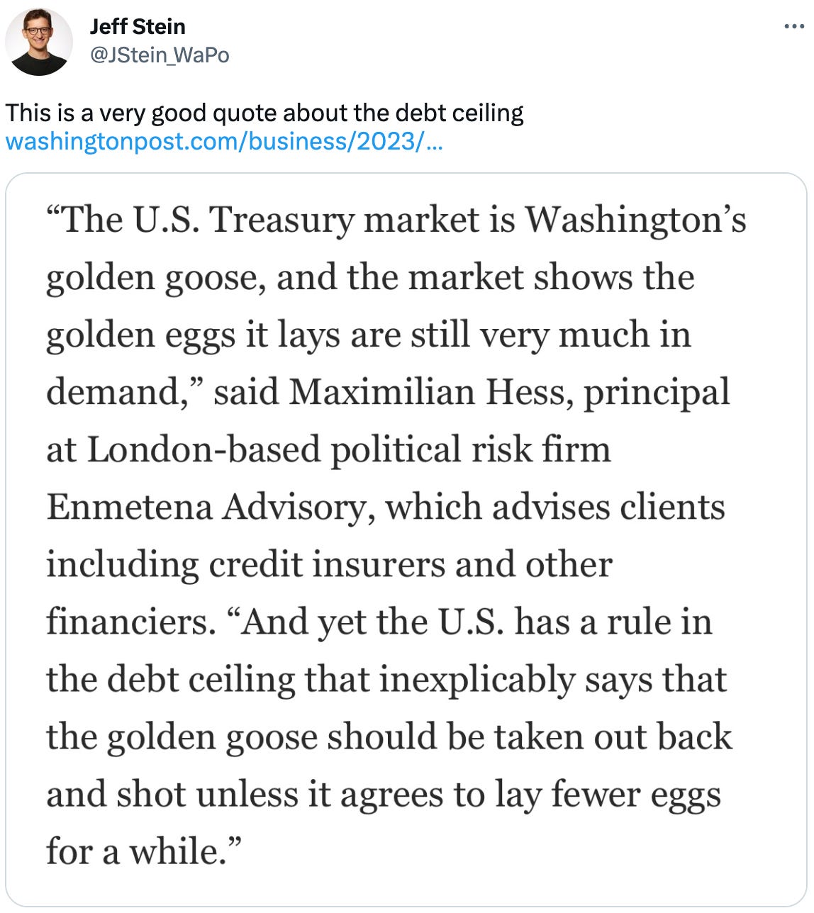  Jeff Stein @JStein_WaPo This is a very good quote about the debt ceiling https://washingtonpost.com/business/2023/05/19/world-watches-us-debt-ceiling-worries-default/