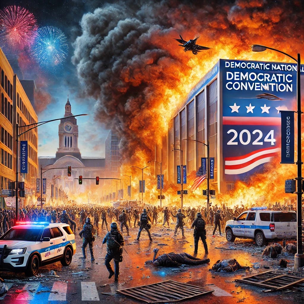 Art showing Democratic Convention on fire.