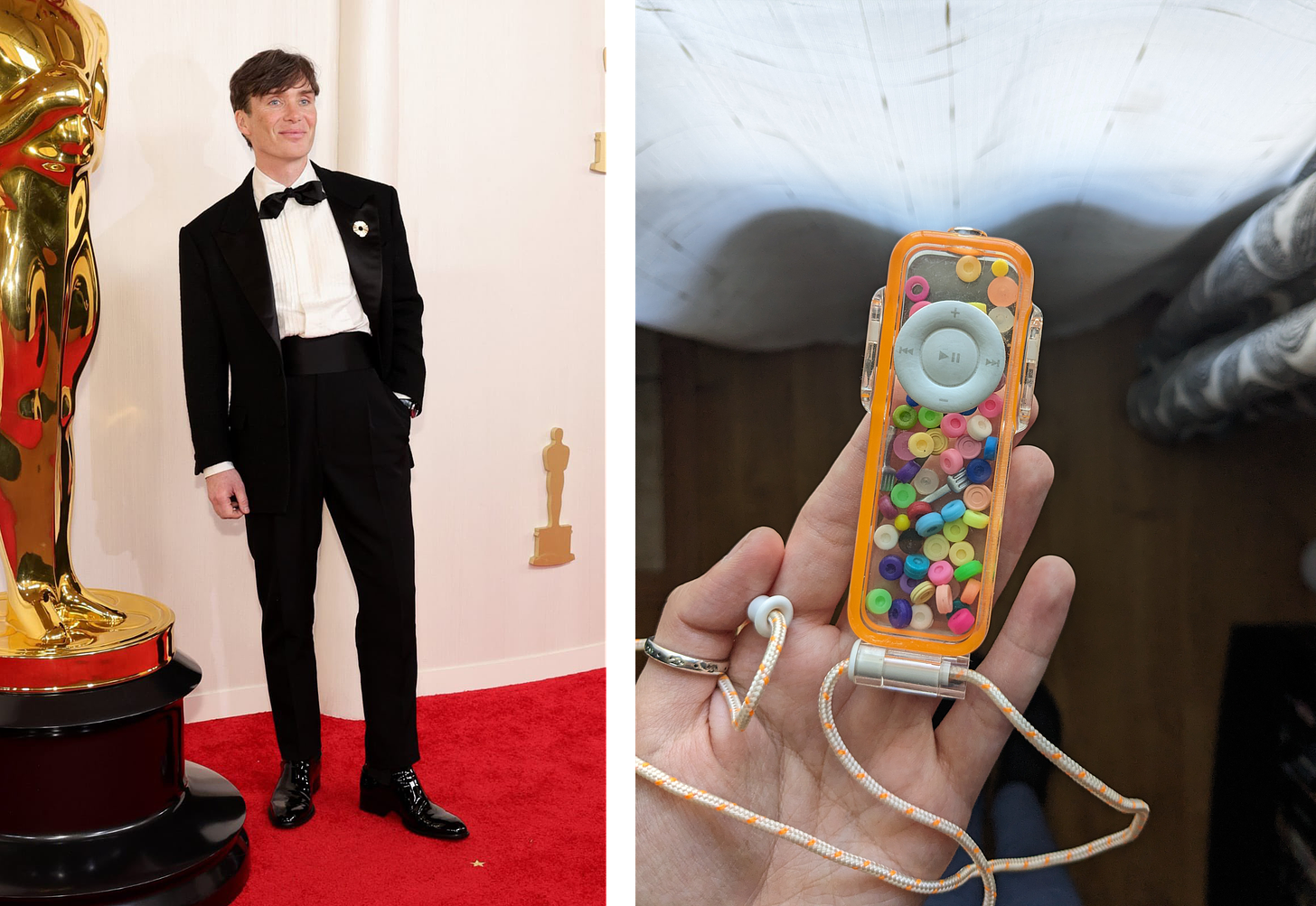 Left: Cillian Murphy in a high-waisted black suit with a floppy bow tie and circular brooch. Right: the aforementioned lanyard.