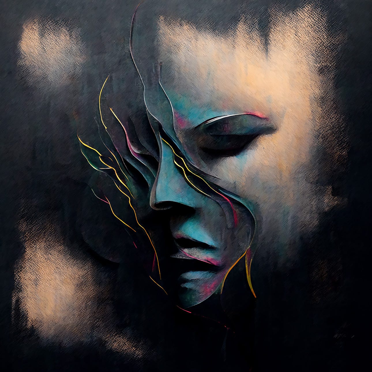 Emergence: an AI-generated, human-modified image of a face emerging from the shallows of darkness, connected to roots. MJ prompt: a dark grey canvas, multi-color metallic powder, rising to form a subtle outline of a face in pain, abstract