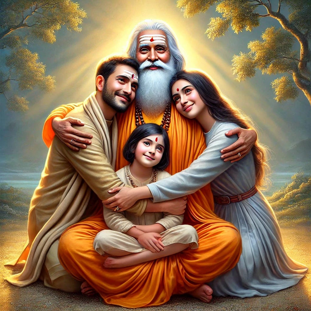 The image is an artistic depiction of Maharishi Parashar in traditional sage attire, gently hugging a modern family comprising a husband, wife, and a young girl child. The family appears very happy and satisfied, symbolizing harmony and blessings. Maharishi Parashar has a serene and benevolent expression, wearing saffron robes, and the family members are dressed in modern attire. The background is a blend of nature and spirituality, with a calm environment featuring trees and soft glowing light. The image includes all four figures, positioned in a warm and affectionate group hug, radiating positivity and contentment. The image is part of an article titled “From Chaos to Calm: Vedic Insights for Eternal Happiness” authored by Anish Prasad and published at astrojagriti.substack.com