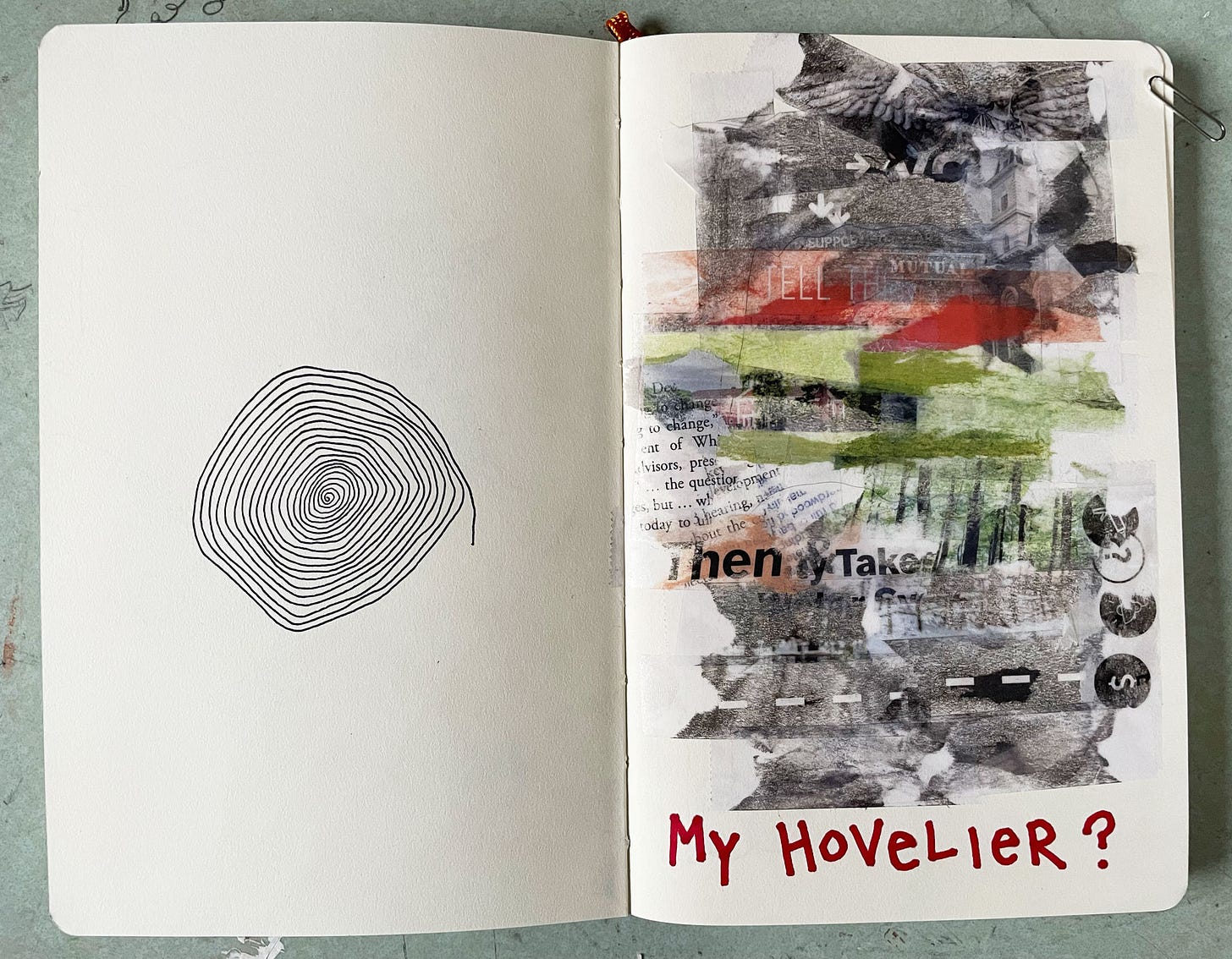 Sketchbook with drawing of a spiral and collage