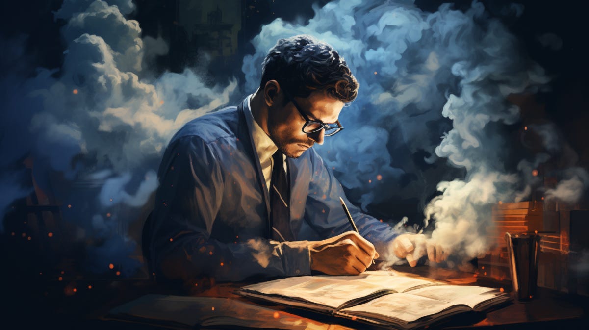 illustration of man emitting smoke while writing, Midjourney