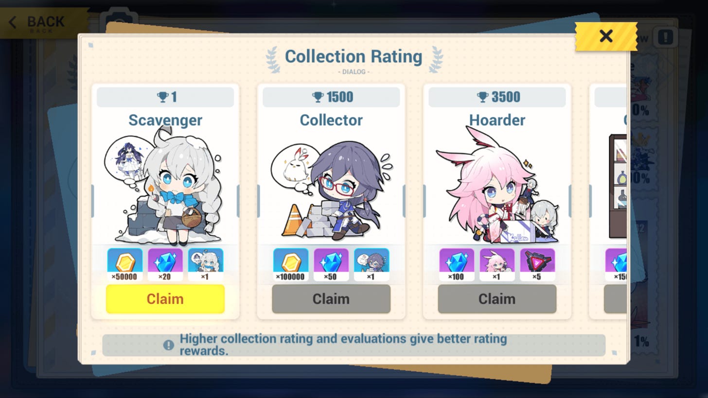 Collection Rating screenshot of Honkai Impact 3rd video game interface.