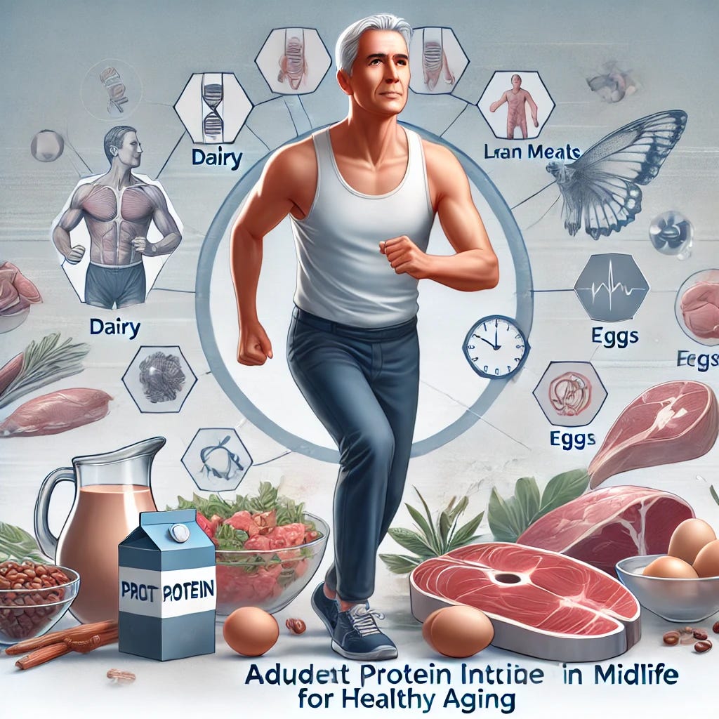 A professional medical illustration showcasing the benefits of adequate protein intake in midlife for healthy aging. The image features a middle-aged person in an active and healthy lifestyle setting, surrounded by protein-rich foods such as dairy, lean meats, fish, eggs, and legumes. The background subtly conveys vitality, strength, and wellness, with scientific symbols representing health and nutrition. The style is clean, modern, and informative, with a focus on clarity and approachability.