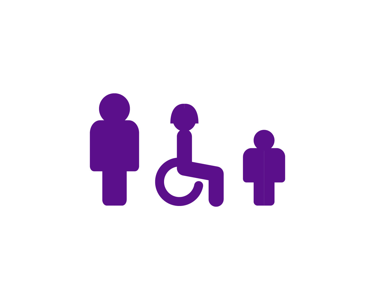 Three generic stick figures representing an adult man, a disabled adult woman, and a male child.
