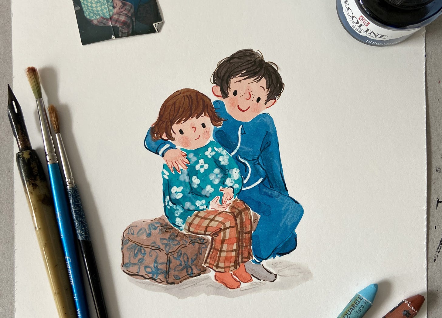 ink and watercolour portrait of two children in 1970s clothes in children's book style by Nanette Regan