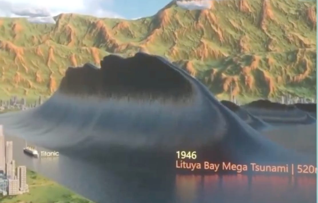 Realistic 3D illustration of the Lituya Bay Mega Tsunami compared to the Titanic.