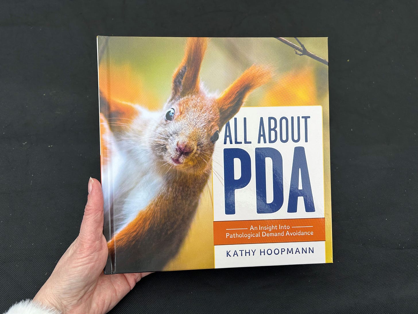 book cover with close up of squirrel and title text all about PDA