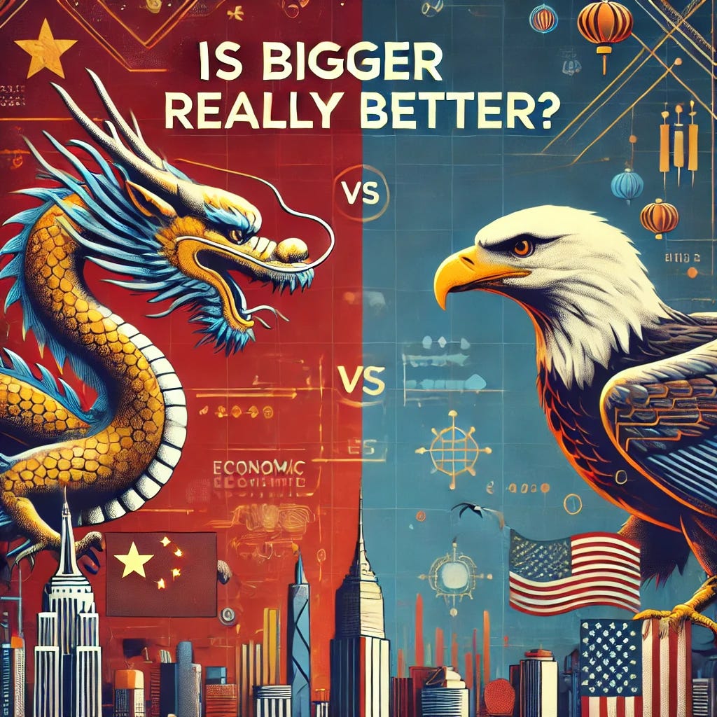 A thought-provoking visual scene exploring the concept 'Is bigger really better?' with elements symbolizing US-China competition. Depict two contrasting symbols: a large, imposing Chinese dragon facing off against a smaller but agile American eagle. The background should feature hints of economic and technological elements, such as skyscrapers, digital circuits, or trading charts, symbolizing areas of competition between the two countries. Use a minimalist style to focus on the symbolic elements, with subtle use of colors reflecting the respective flags. The image should convey the theme of strategic competition and the question of whether bigger is truly better in this context.