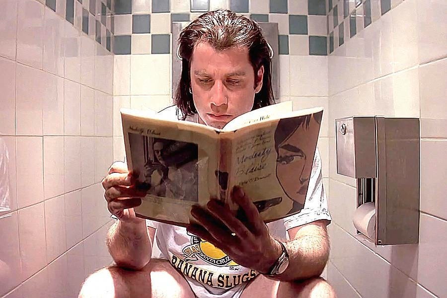 In Pulp Fiction (1994), Vincent Vega is a drug addict who likely suffers  from opioid-induced constipation (OIC). This is why he spends so much time  in the toilets and eventually dies there,