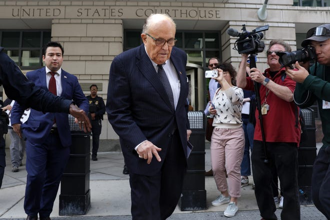 Former New York City Mayor and former personal lawyer for former President Donald Trump, Rudy Giuliani, leaves the U.S. District Court on May 19, 2023 in Washington, DC.  Two election workers, Ruby Freeman and Shaye Moss of Fulton County, Georgia, sued Giuliani for defamation.