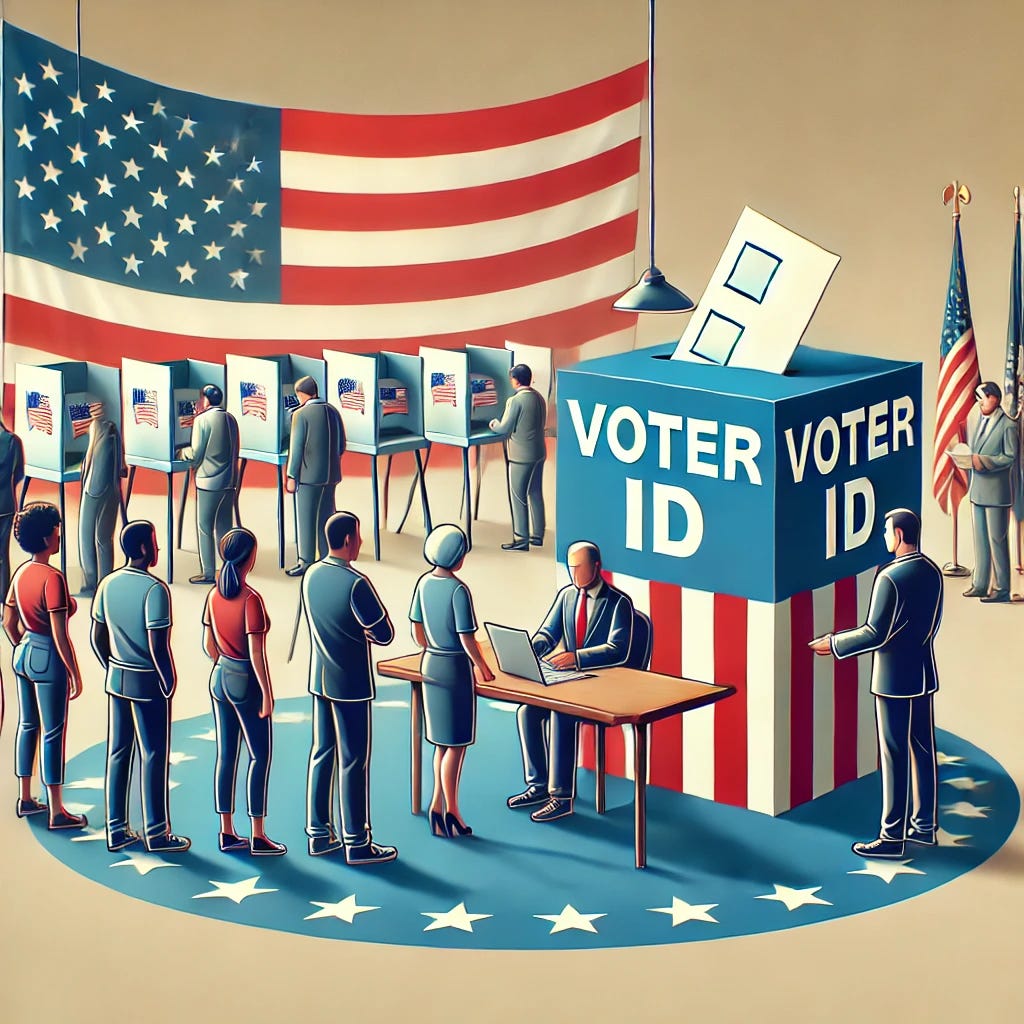 A visually striking image illustrating the impact of voter ID laws on elections. The scene features a polling station with diverse voters presenting their identification at the check-in table. A large ballot box stands prominently in the foreground, symbolizing the electoral process. The background includes an American flag and voting booths, representing democracy in action. The image should be clear, professional, and engaging, with a balanced composition.