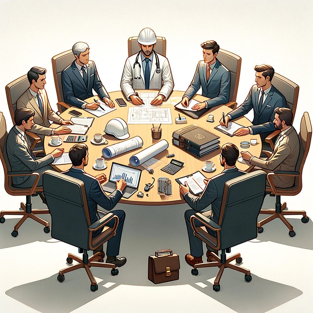 Create another image depicting a round table conference scene without any text. The table should have six chairs, each occupied by a professional representing their field: a doctor wearing a white coat and stethoscope, an engineer with a hard hat and blueprint, a business owner in a suit, an investor reviewing financial documents, a lawyer with legal briefs, and a carpenter with a tool belt. They should be engaged in discussion, with items on the table that reflect their professions, like a laptop, calculator, or legal pad. The setting should be neutral, focused on the group collaboration.