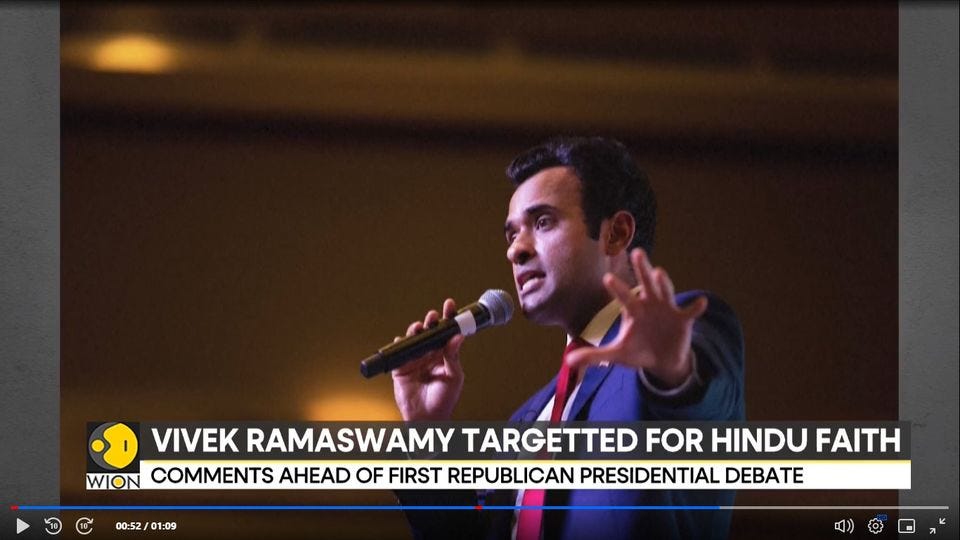May be an image of 1 person and text that says '00:52 01:09 VIVEK RAMASWAMY TARGETTED FOR HINDU FAITH WION COMMENTS AHEAD OF FIRST REPUBLICAN PRESIDENTIAL DEBATE'
