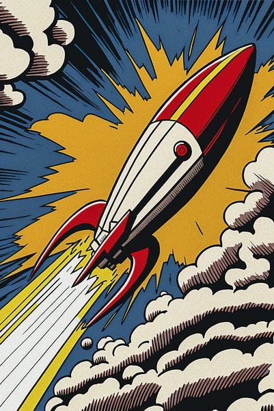 To the moon! Pop Art Rocket - Vintage poster after Roy Lichtenstein by  Roger VDB on canvas, poster, wallpaper and more