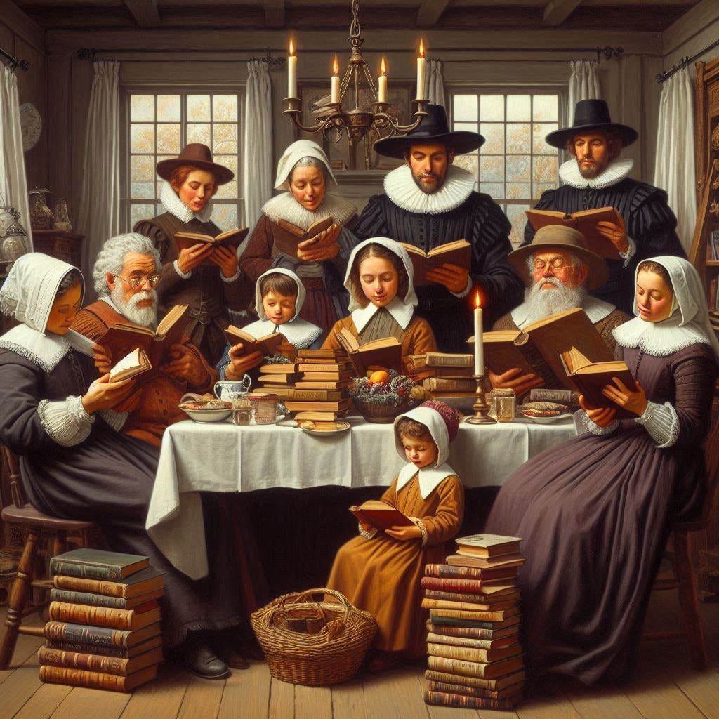 An extended family of seventeenth-century pilgrams in puritan garb reading books while sitting around the dining room table, the table stacked with books, and a grandmotherly figure bringing more books, done in the style of a Norman Rockwell painting. 