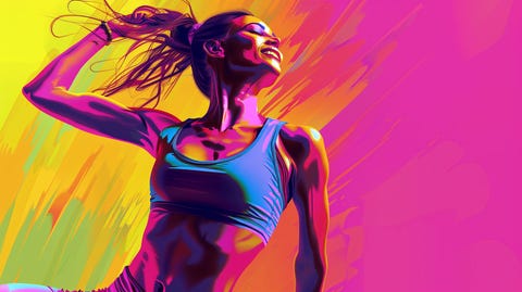 Woman in vibrant workout attire gracefully executing a Zumba dance move.