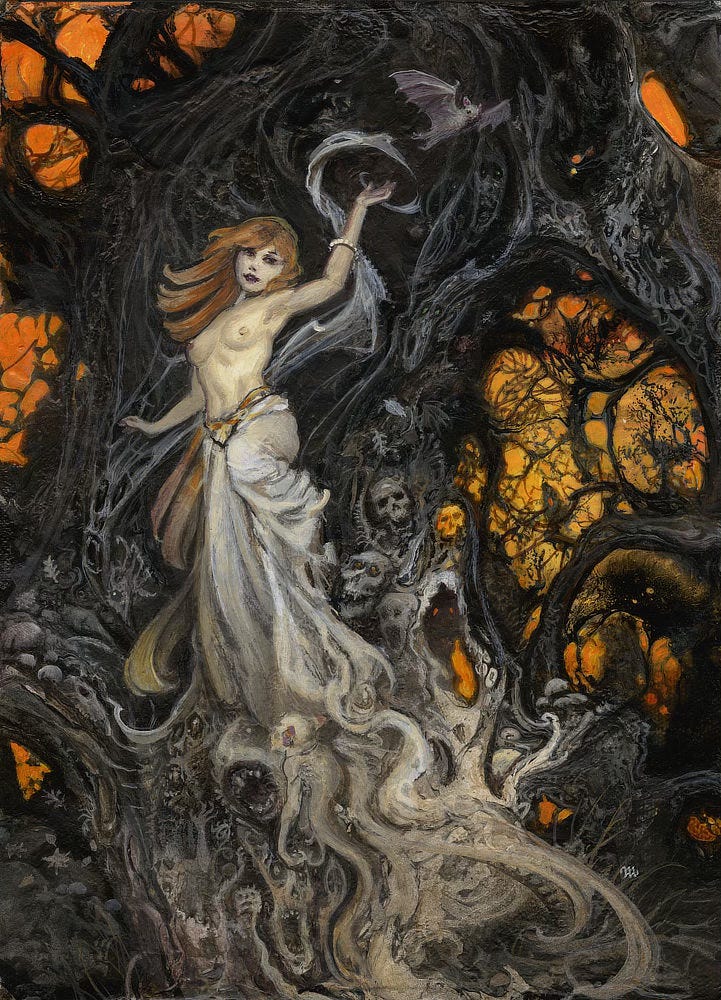 Against a dark, abstract backdrop, a redheaded beauty poses surrounded by ghastly faces, but she seems more conjuror than captive. Her knee is raised as if she's springing upward. Cobwebs stretch behind her and swirl around her upraised hand. A gray bat flies off from her abracadabra flourish. The sorceress is bare-chested wearing long white skirts with a red and yellow belt that dips in a V. The bottom of her skirts blend with creatures at the bottom of the panel, a transition from ghostly white to tormented gray. The background is pure hellscape that suggests perhaps a gnarled tree or the infernal stone of a cave. On closer examination, it seems to be made of twisted souls. Orange background show through at the panel edges, criss-crossed by tendrils, cobwebs or what have you but still providing a vibrant pop of color.