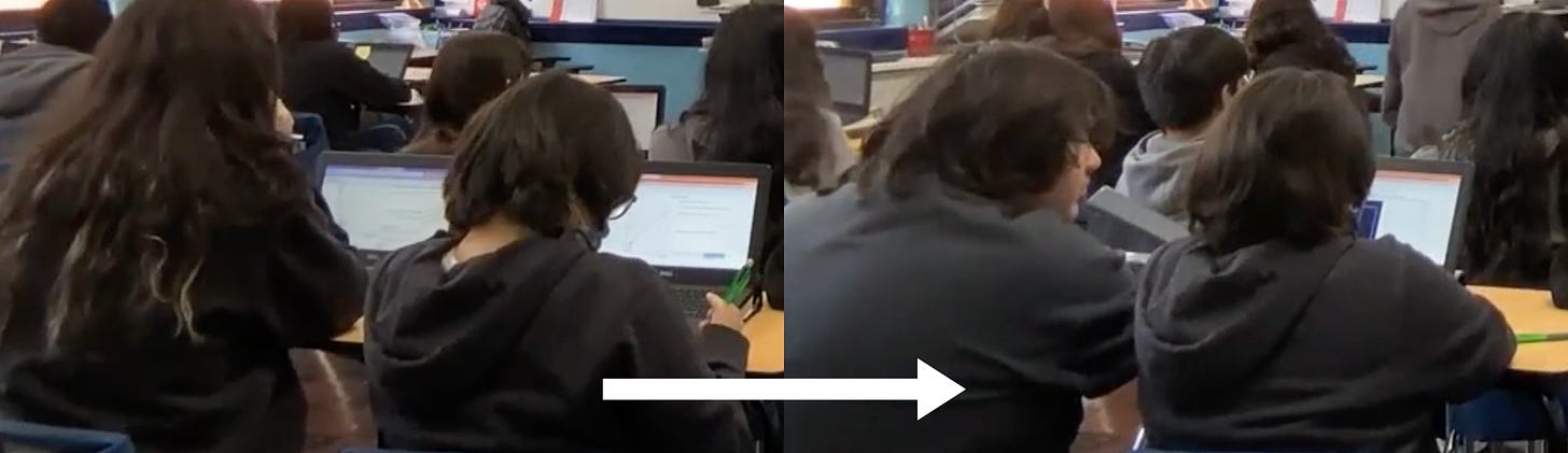 An image showing two moments from the video-- one that has 1:1 student : devices ratio. Another that shows 1:2.