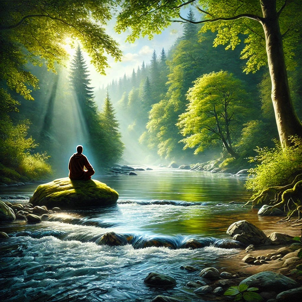 A realistic oil painting depicting a serene, natural landscape scene that reflects the principles of German New Medicine and Dr. Ryke Geerd Hamer's approach. The image shows a tranquil river flowing through a lush green forest, with soft sunlight filtering through the leaves. A contemplative figure is sitting on a rock by the river, looking thoughtful and at peace, symbolizing harmony with nature and introspection. The overall mood is calm and healing, capturing a sense of connection to nature and holistic health.