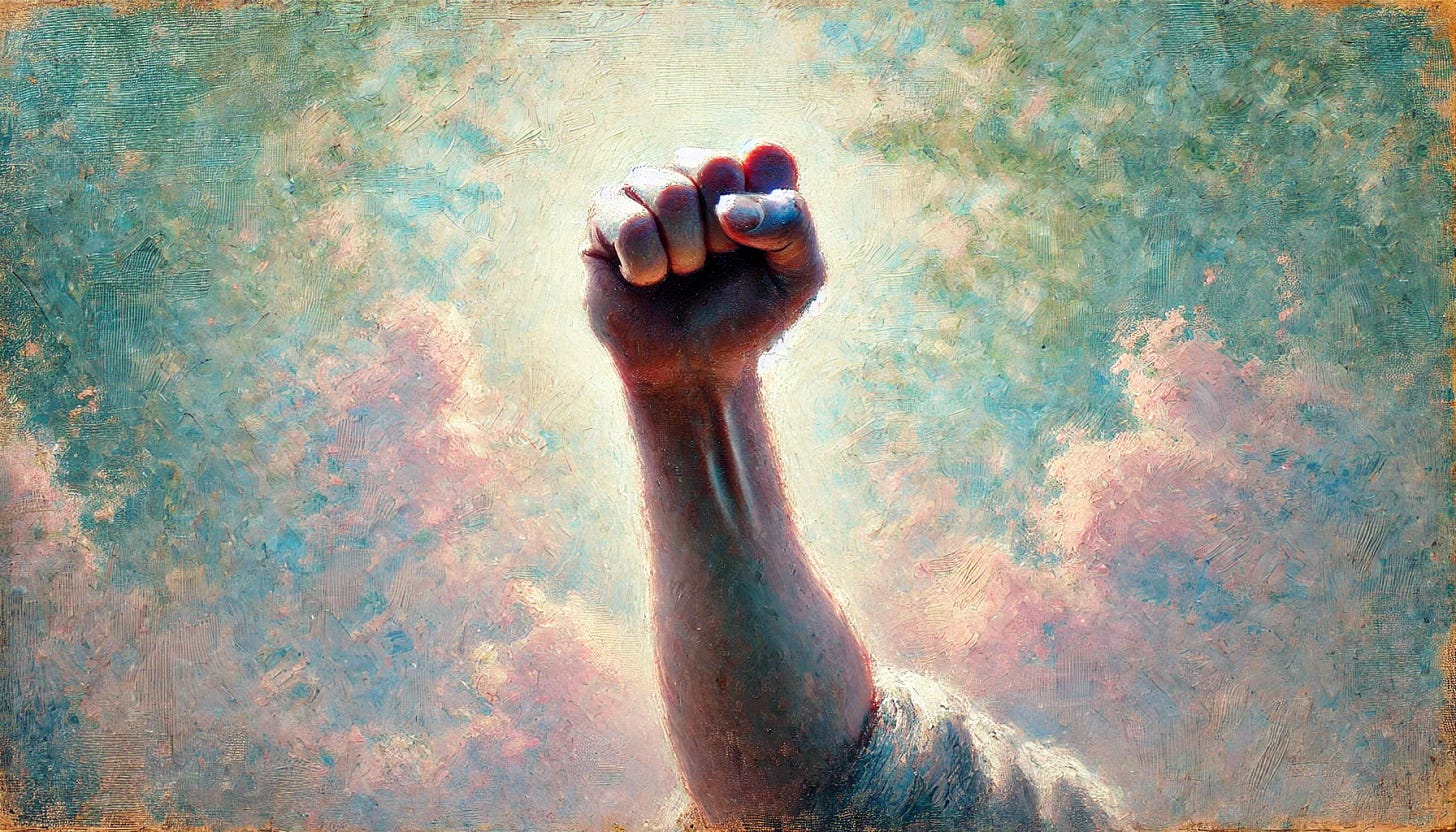 An impressionistic oil painting in the style reminiscent of Fritz Syberg, featuring a hand holding a fist raised in the air, symbolizing action and strength. The painting focuses solely on the fist, with no other elements. The scene is bathed in soft, dappled light, creating a serene and tranquil atmosphere. The background is abstract, with gentle suggestions of nature such as soft clouds or sunlight, enhancing the peaceful mood. The color palette is gentle and pastel-like, with soft pinks, blues, and greens, capturing the essence of a peaceful, harmonious moment.