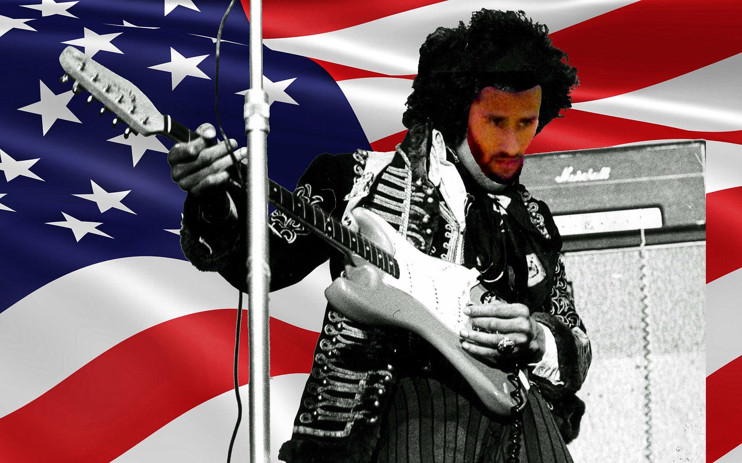 Hendrix wearing his Kaepernick mask while playing guitar in front of a giant United States flag.