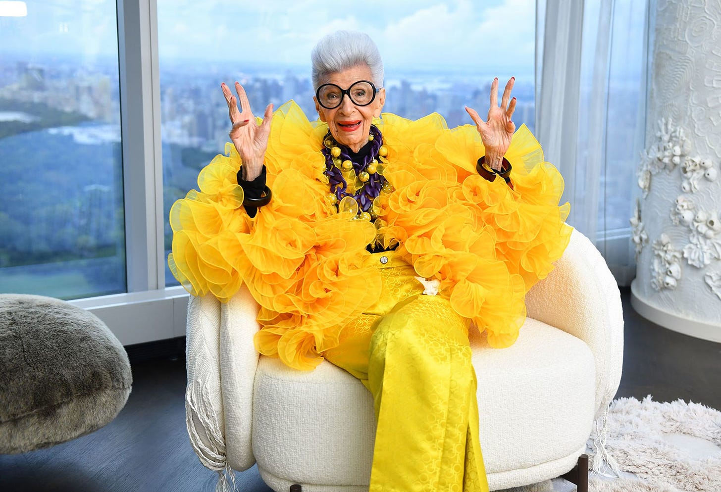 Interior designer, model and style icon Iris Apfel at her 100th birthday party in New York City in 2021.