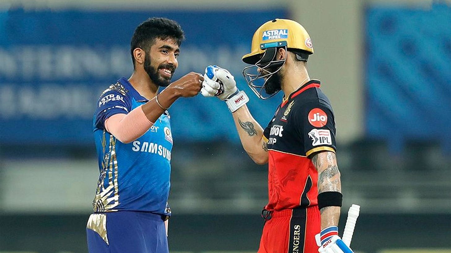 Jasprit Bumrah and Virat Kohli during an IPL match