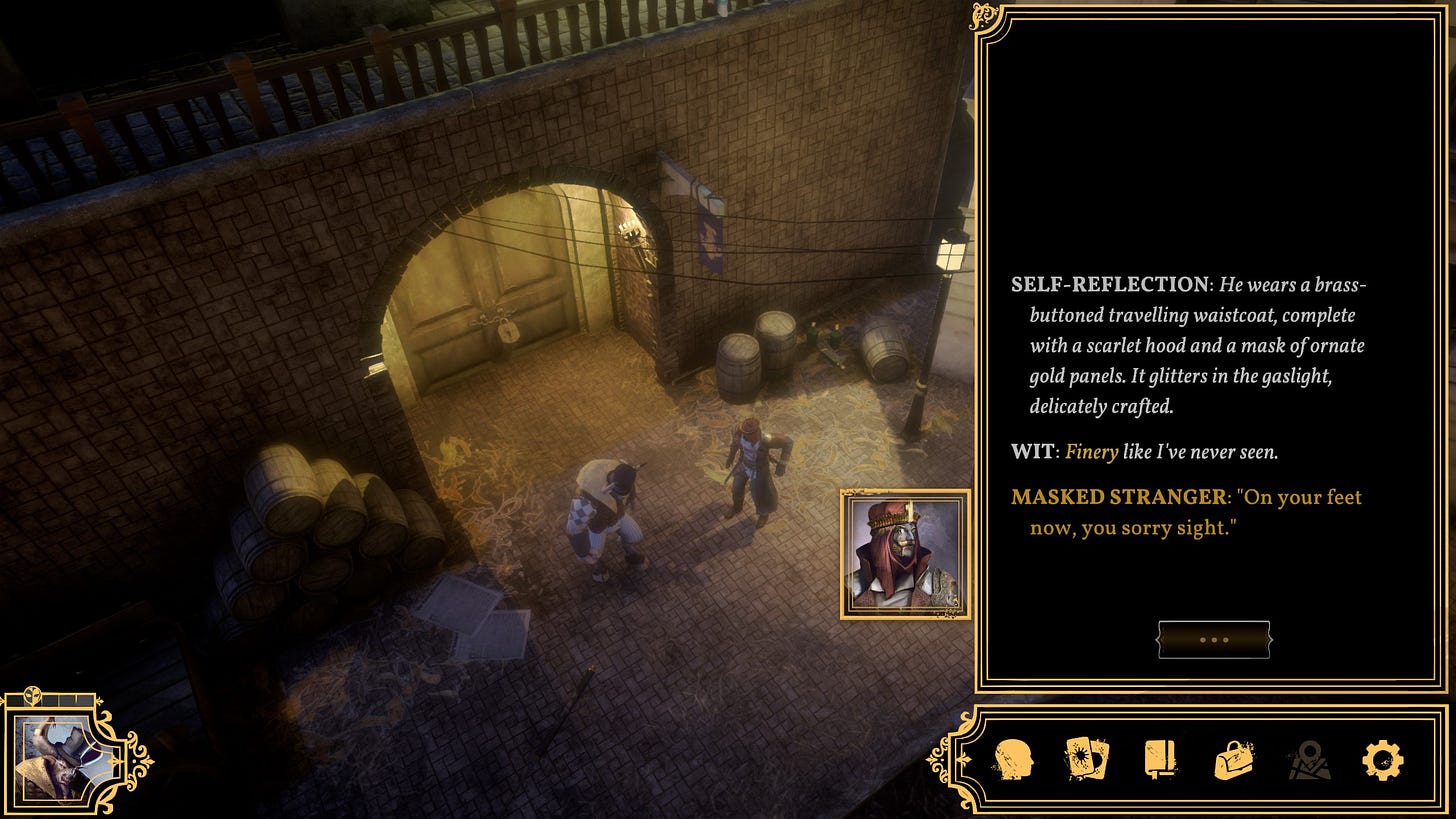 A screenshot of the game Sovereign Syndicate, showing the player character, Atticus Daley, waking up from drunken stupor, being told to get on his feet by a masked stranger.
