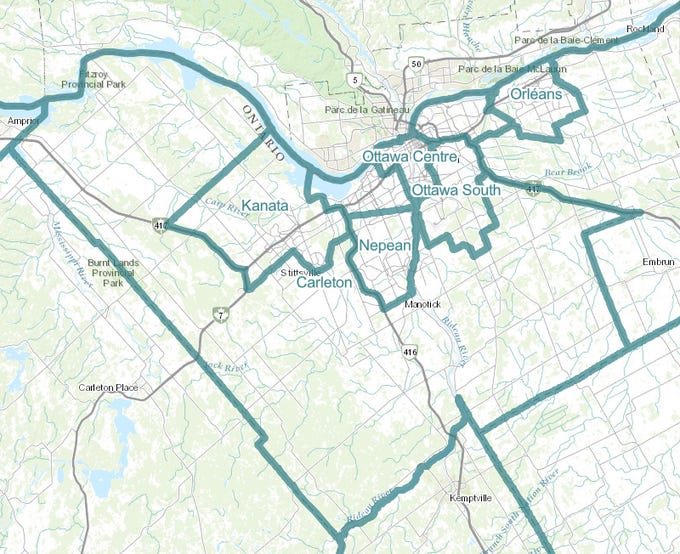 The final revised federal electoral map in the city of Ottawa as published by the electoral boundaries commission in 2023, and in force as of the recent federal election of 2025.