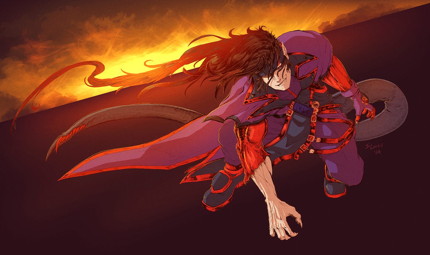 Order Sol crouched in front of a sunset. He has a tail and is colored with the purple, black, and red trim Reload P palette.