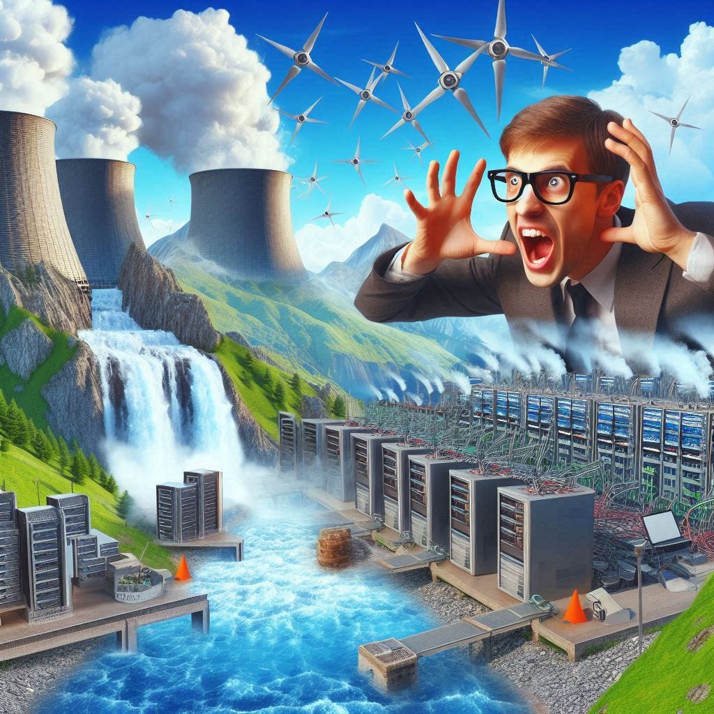 create a giant power plant is generate electricity from waterfall near a computers servers farm and a geek dude wearing a brown eye glasses shout