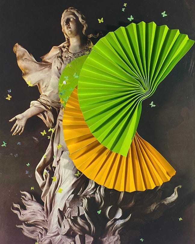 A graphic illustration of an ancient statue of a woman overlaid with green and orange fans and tiny butterflies