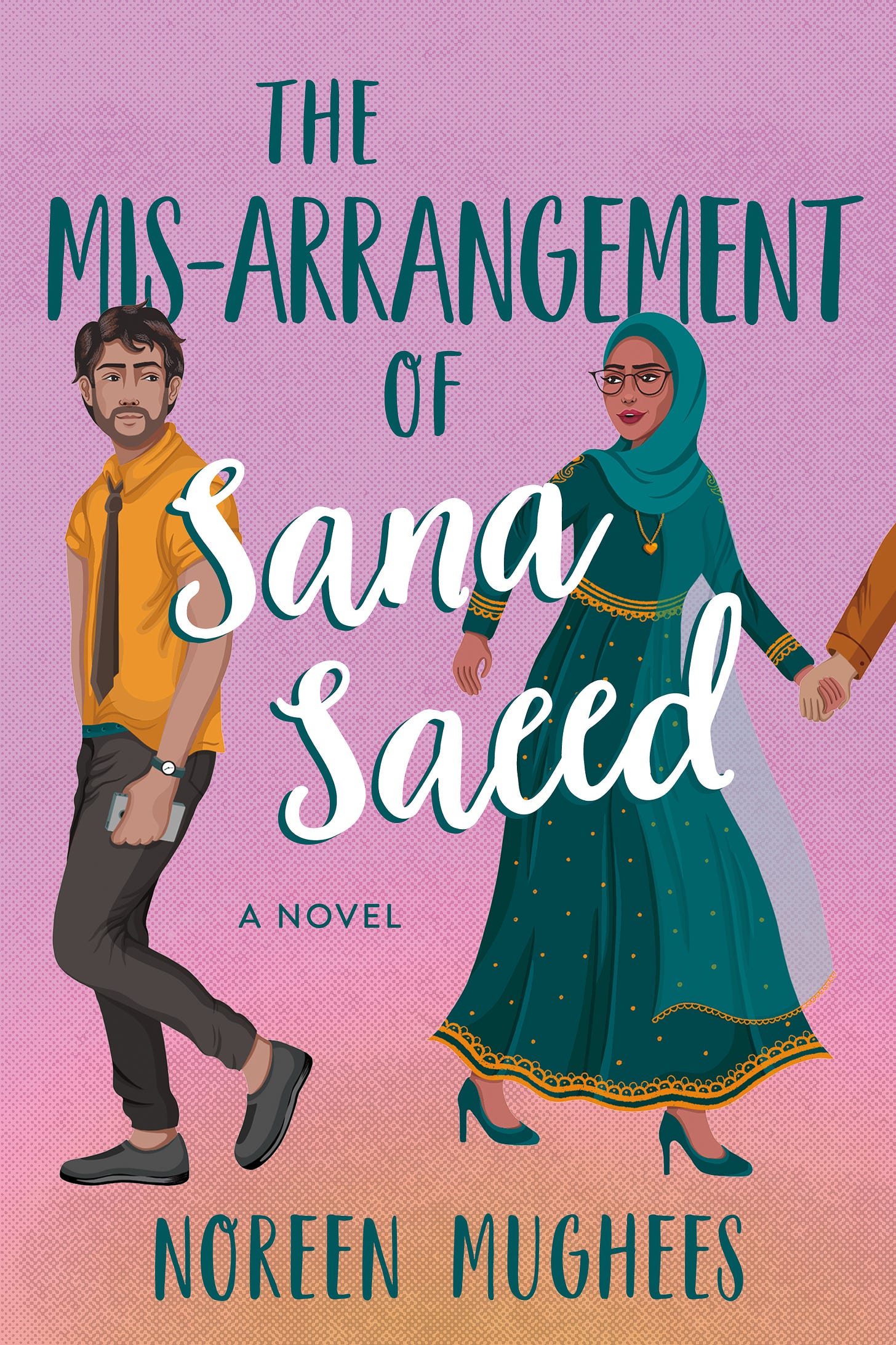 Pictured are two young people, one in a green flowing dress and hijab and one in a yellow shirt, tie, and trendy beard, walking away from each other while glancing back at each other. It's the book cover for the Penguin Random House edition of the romcom novel 'The Mis-Arrangement of Sana Saeed' out this month, October 2023. 