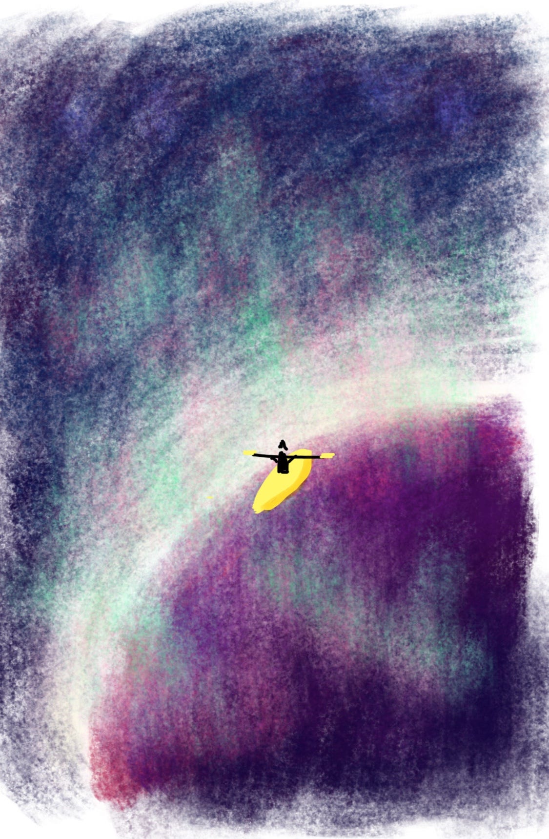 Digital image created using brushes that mimic the look of crayons of a tiny figure in a yellow kayak paddling above a magenta planet amid the pink and teal aurora borealis