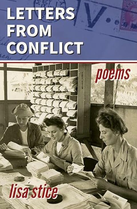 Photo of cover of new book by Lisa Stice called Letters from Conflict with black and white photo on front of women during WW2 sorting the mail