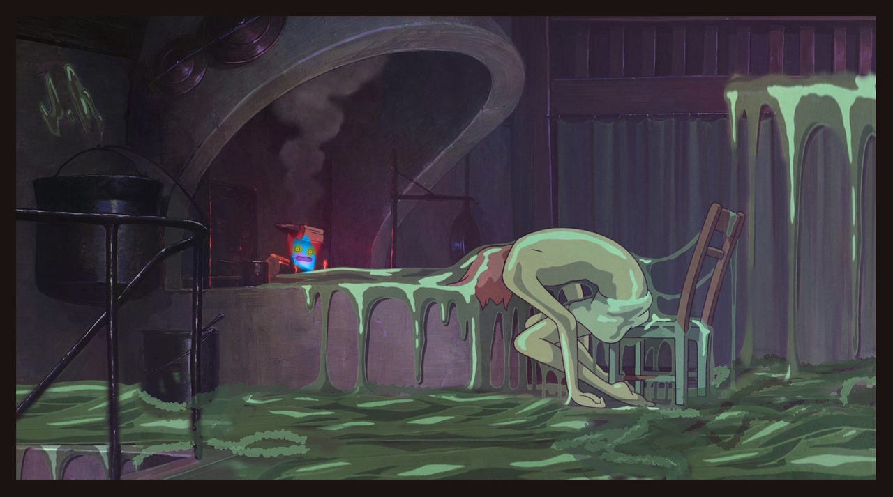 Screen grab from Howl's Moving Castle depicting Howl laying in his own goop.